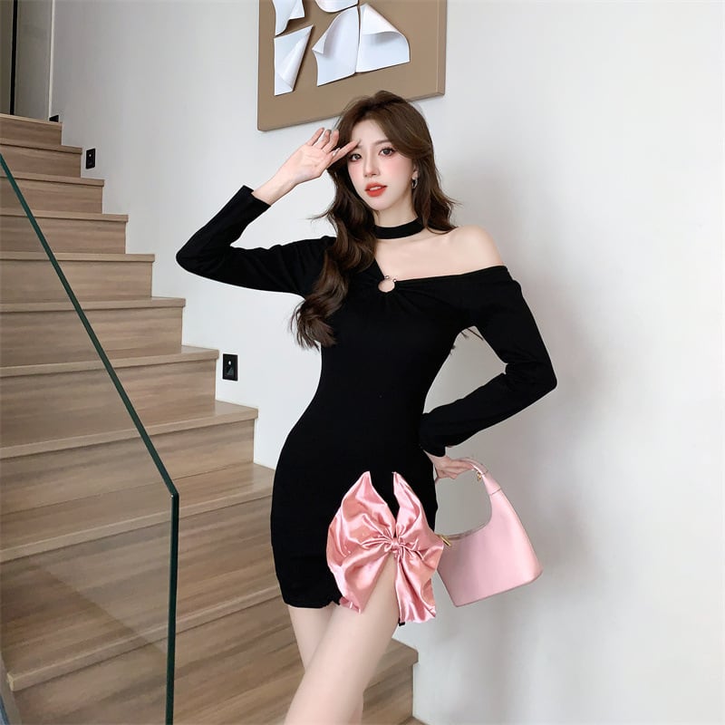 【dress】細身効果抜群♪リボン付きデートワンピース　M17538