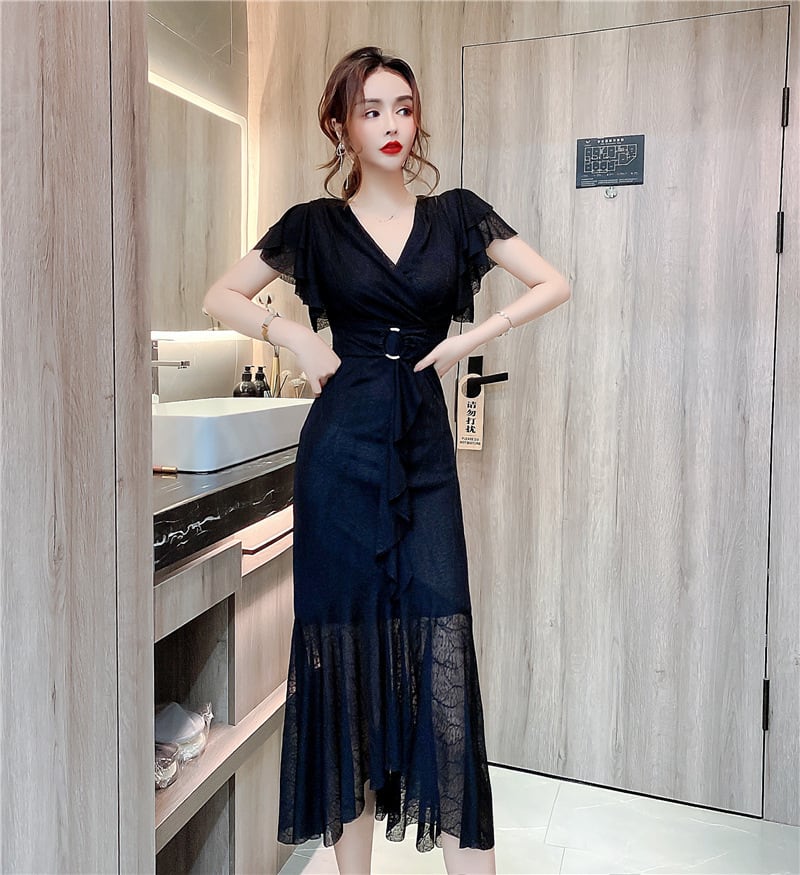 【dress】美人度アップVネックマーメイドワンピース　M17020