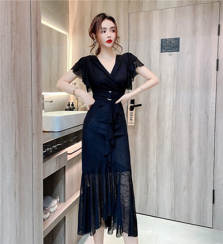 【dress】美人度アップVネックマーメイドワンピース　M17020