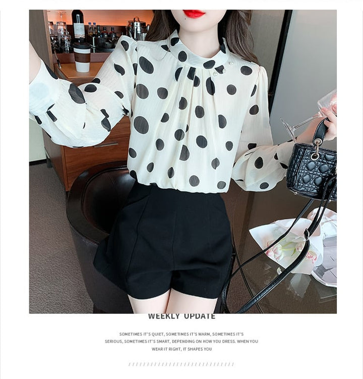 【tops】今季マストバイスタンドネックドット柄シャツ2色　M16882
