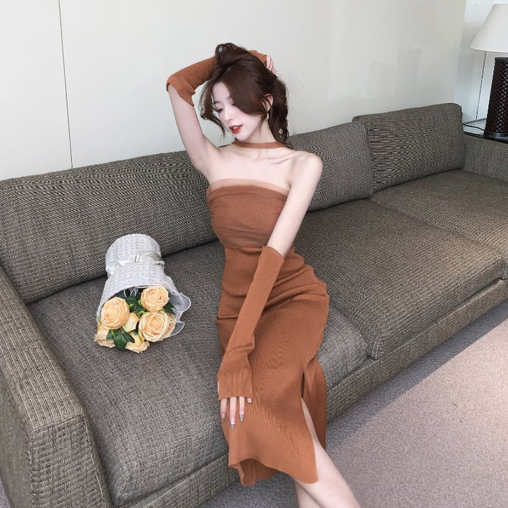 【dress】細身効果抜群♪ファッション薄手ニットワンピース　M16875