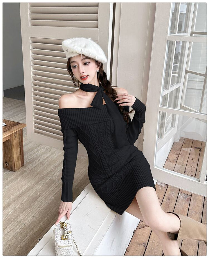 【dress】リボンオフショルニットワンピース　N2855