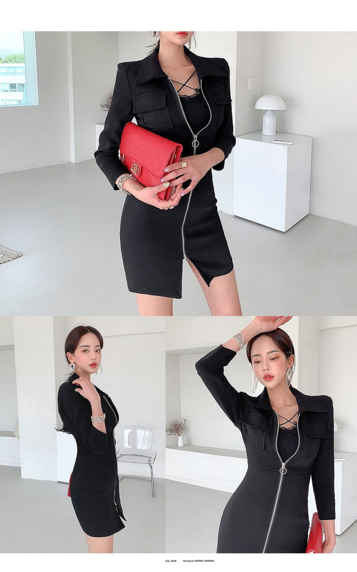 【dress】ファスナー折り襟ワンピース　M18240