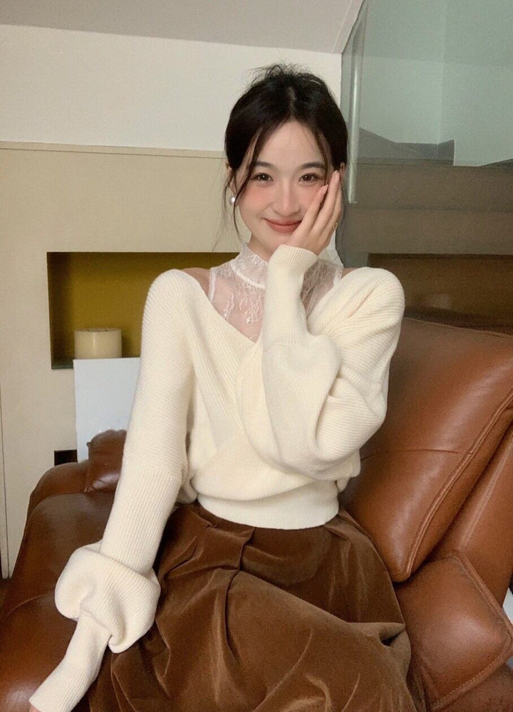 【tops】レースドッキングニットトップス     N2127