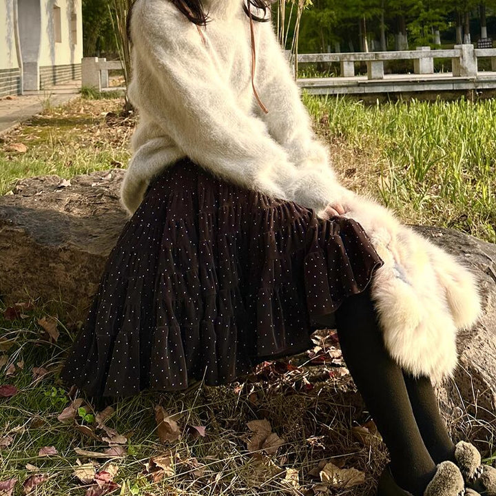 【bottoms】ドット柄ベルベットスカート Q7401