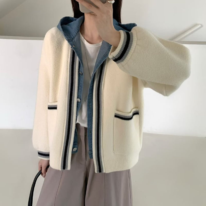 【outer】フェイクレイヤードニットカーディガン Q7204