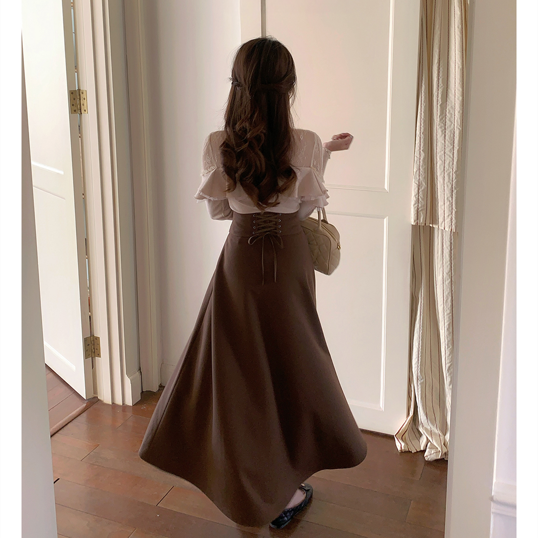 【set】レースフリルニットトップス×ロングスカートセット    N3477