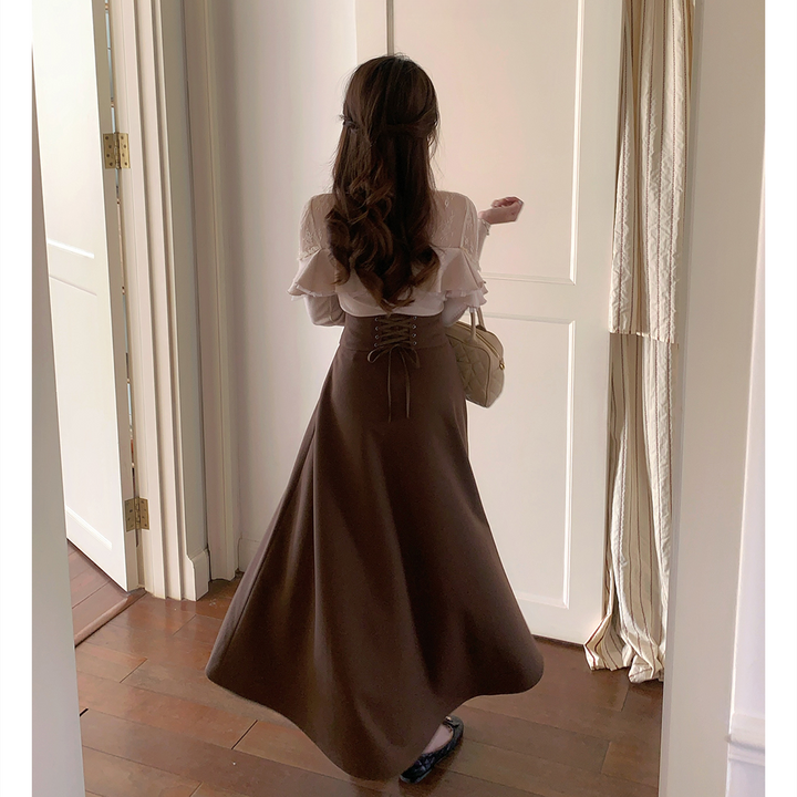 【set】レースフリルニットトップス×ロングスカートセット    N3477
