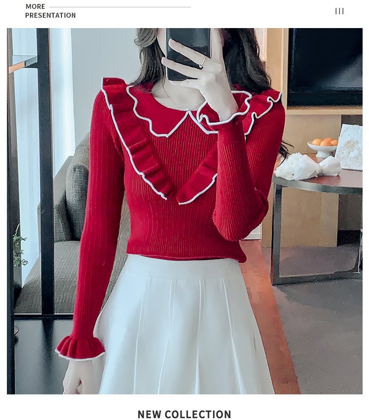 【tops】折り襟フリルニットトップス　M18137