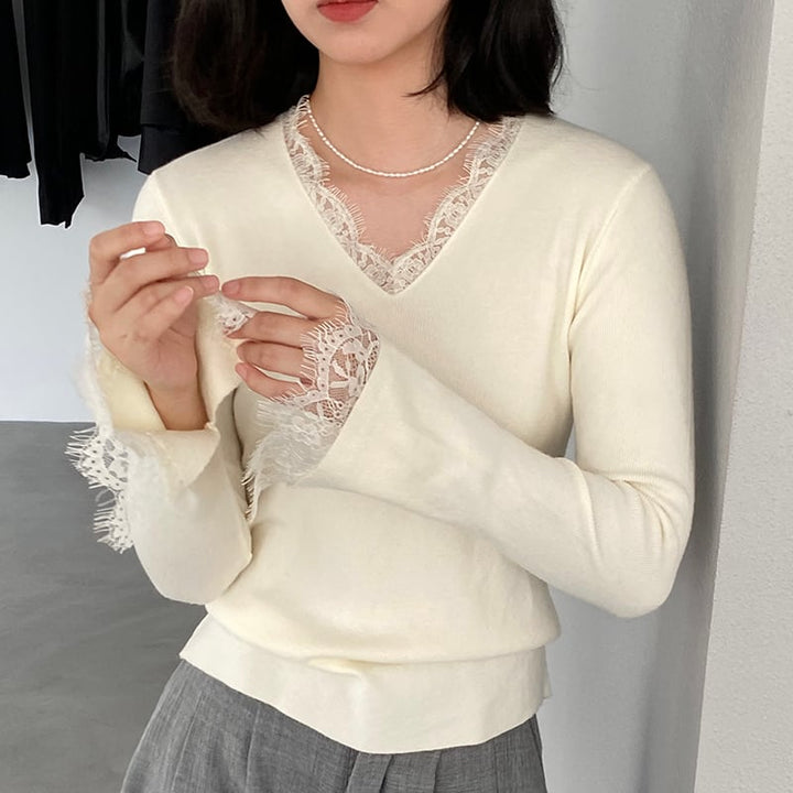 【tops】レースドッキングニットトップス Q7236