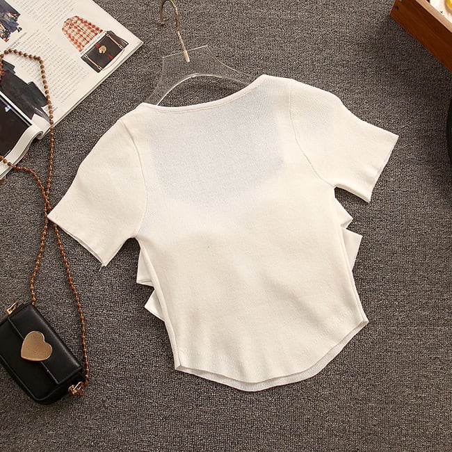 【tops】おしゃれ大人気リボン付き薄手ニットTシャツ　M17205