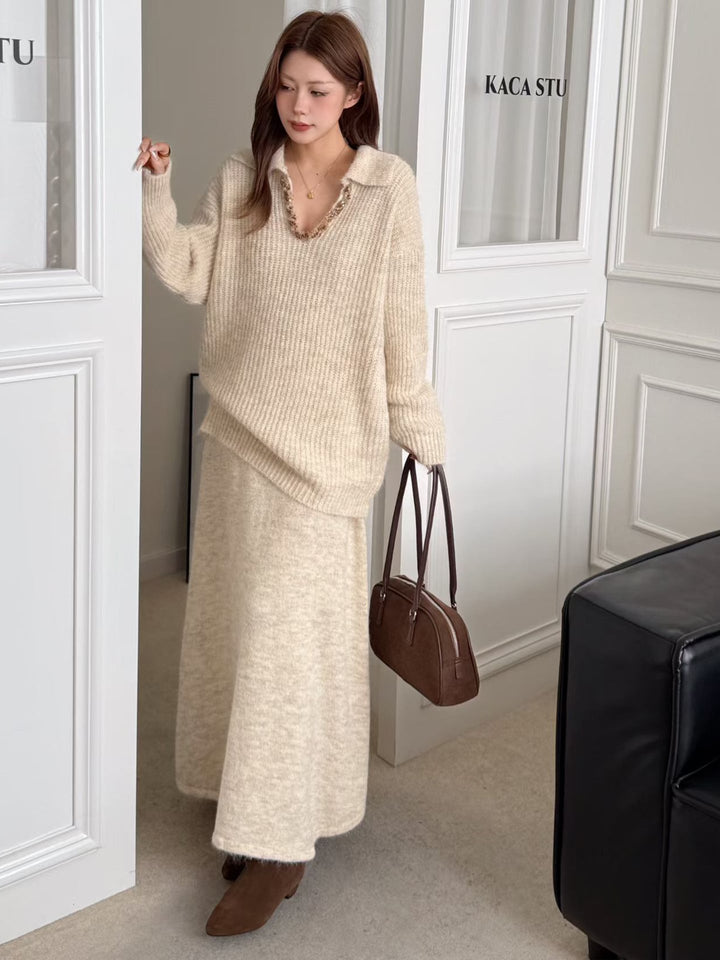 【set】Vネックニットトップス×ロングスカートセット Q7278