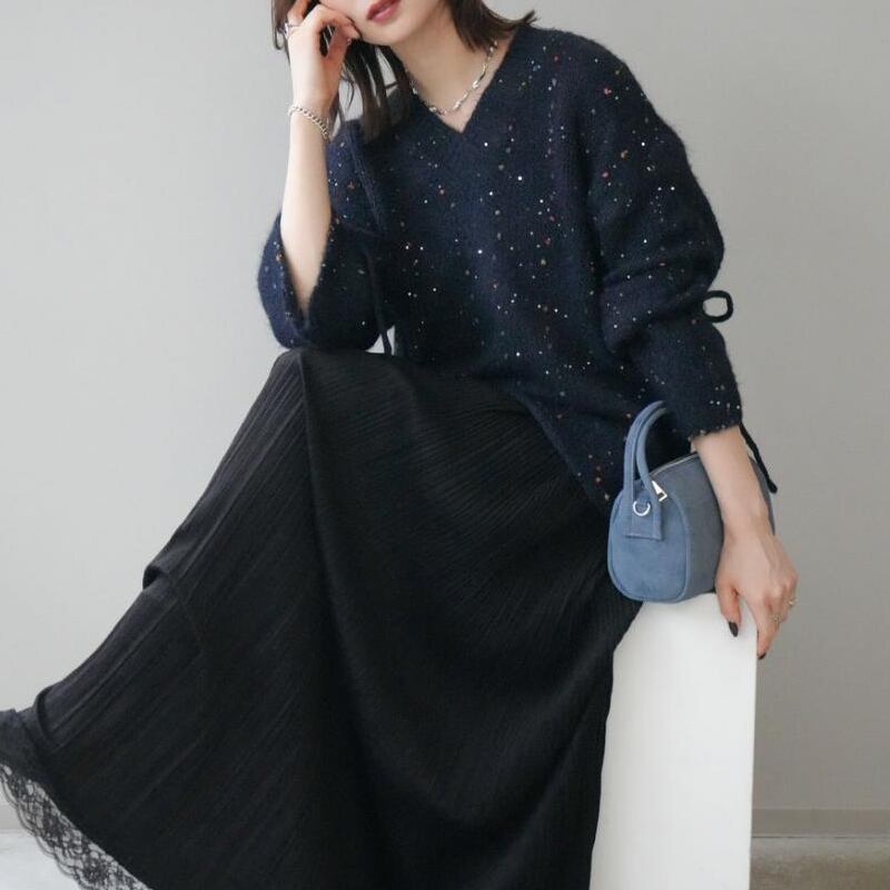 【tops】3色展開Vネックニットトップス Q7702