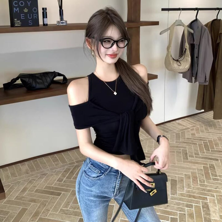 【tops】オープンショルダーフェイクレイヤードトップス Q8296