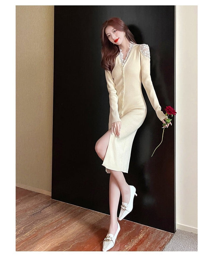 【dress】韓国系レース切り替えニットワンピース　M17631