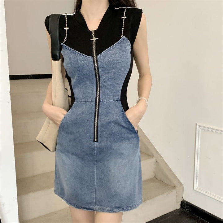 【dress】韓国系ファッション切り替えデニムワンピース　M17278