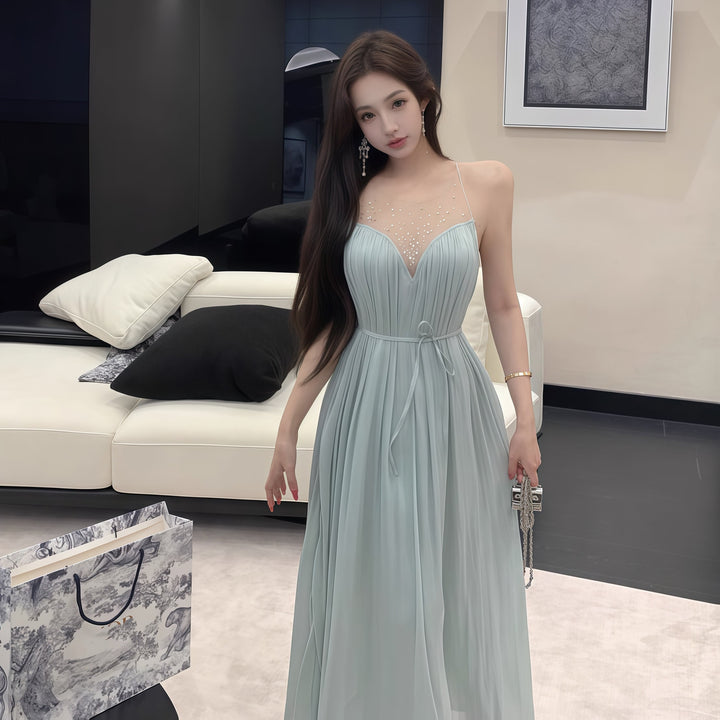 【dress】ラインストーン付きチュールドッキングロングワンピース Q8377