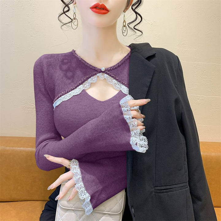 【tops】ビジューレース切り替えニットトップス　M27966