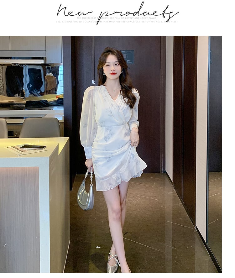 【dress】大人らしい Vネックマーメイド花柄ワンピース　M17259