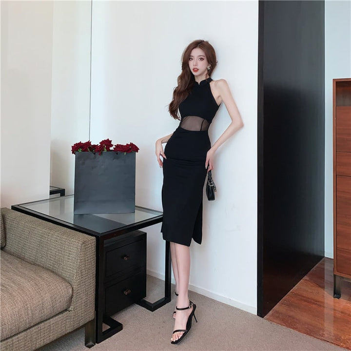 【dress】ノースリーブチュールドッキングワンピース Q8431