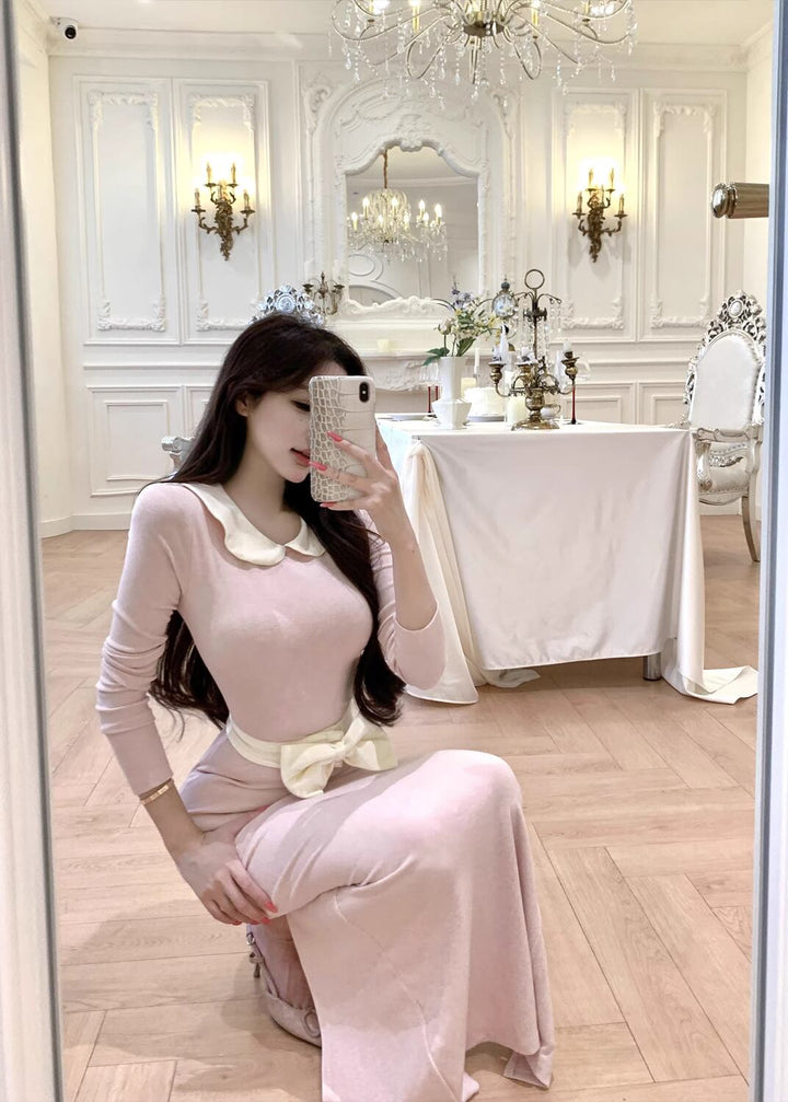 【dress】ベルト付きピーターパンカラーロングワンピース Q7733