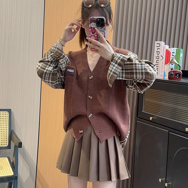【outer】チェック柄ドッキングニットカーデ　M18045