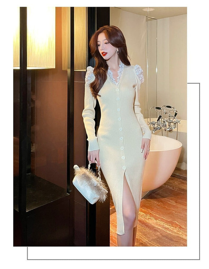 【dress】韓国系レース切り替えニットワンピース　M17631