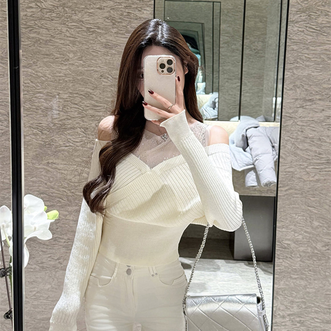【tops】ラインストーンチュールレイヤードオフショルニット　N3507