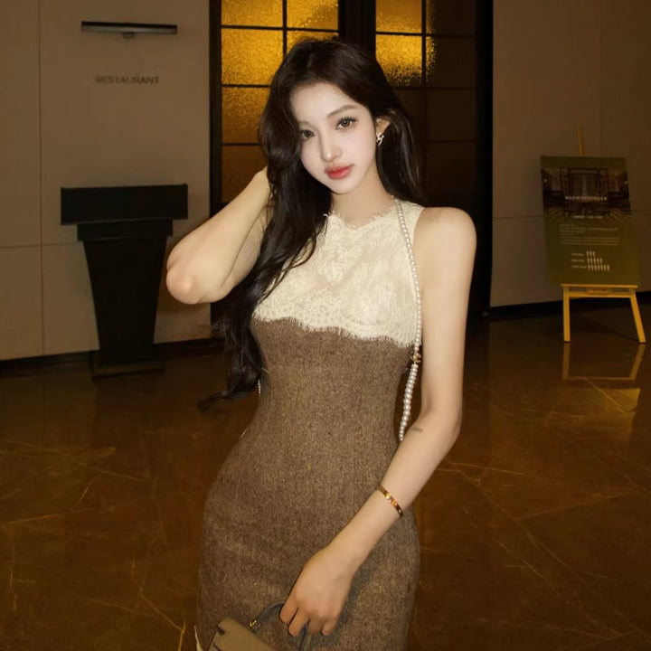 【dress】ノースリーブレースドッキングワンピース Q8023