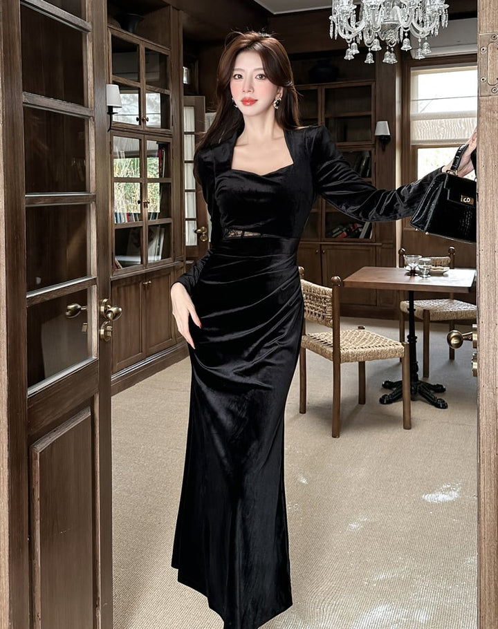 【dress】スクエアネックレースドッキングロングワンピース Q7286