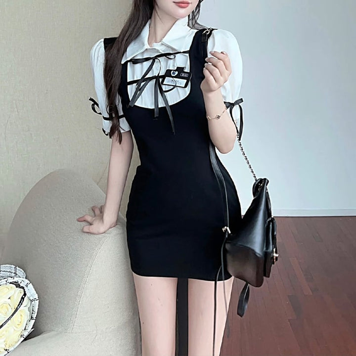 【dress】リボン付きフェイクレイヤードワンピース Q8415