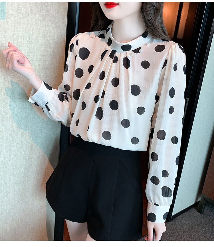 【tops】今季マストバイスタンドネックドット柄シャツ2色　M16882