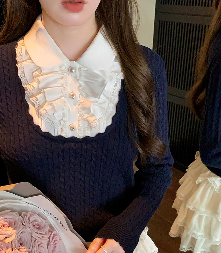 【tops】レースフリルドッキングニットトップス　N3362