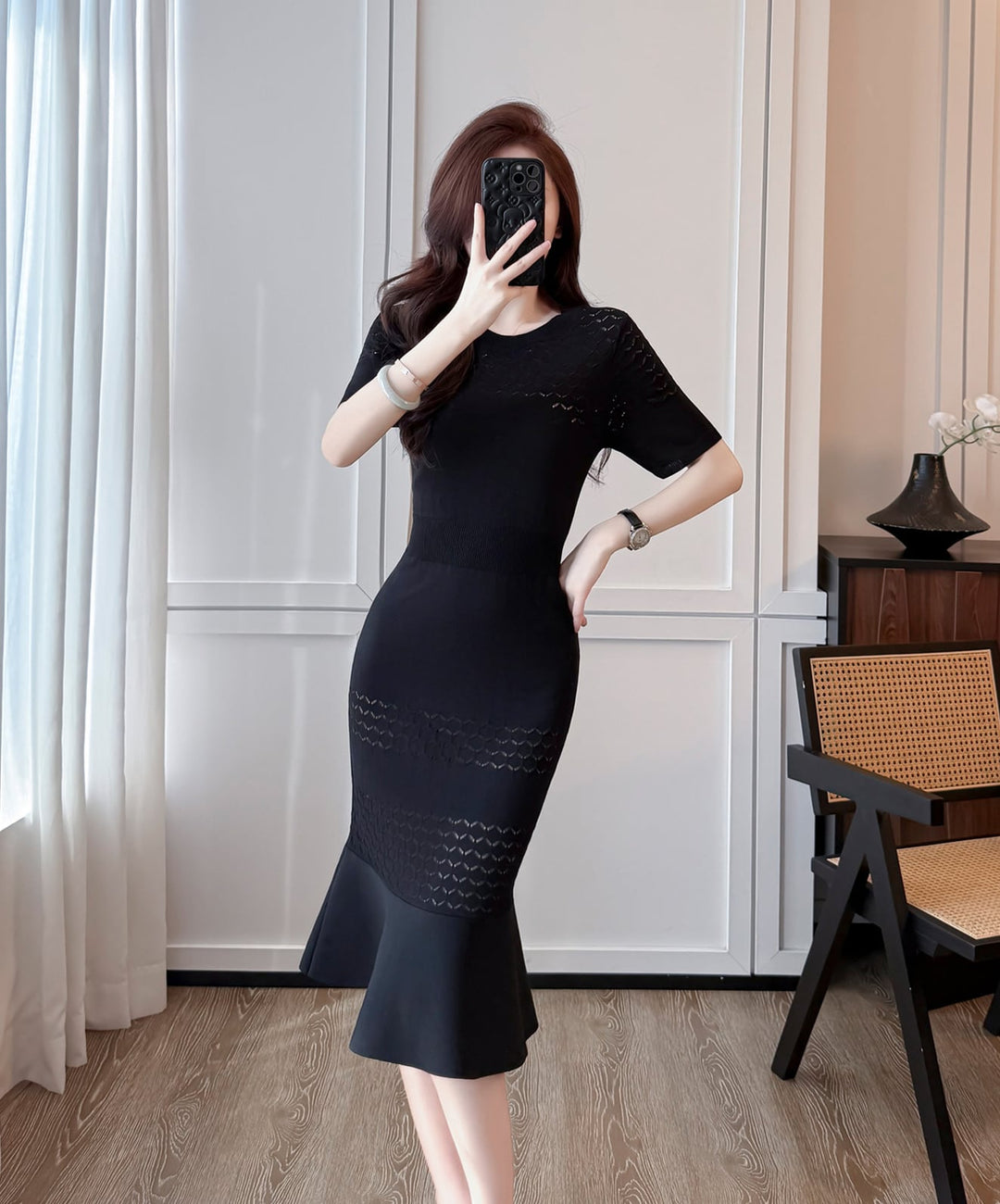 【dress】半袖ニットマーメイドワンピース Q8494