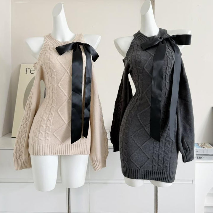 【dress】リボン付きオフショルニットワンピース Q7182