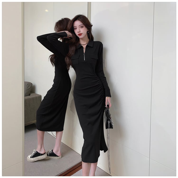 【dress】人気を独占中 POLOネックスリットワンピース　M17014