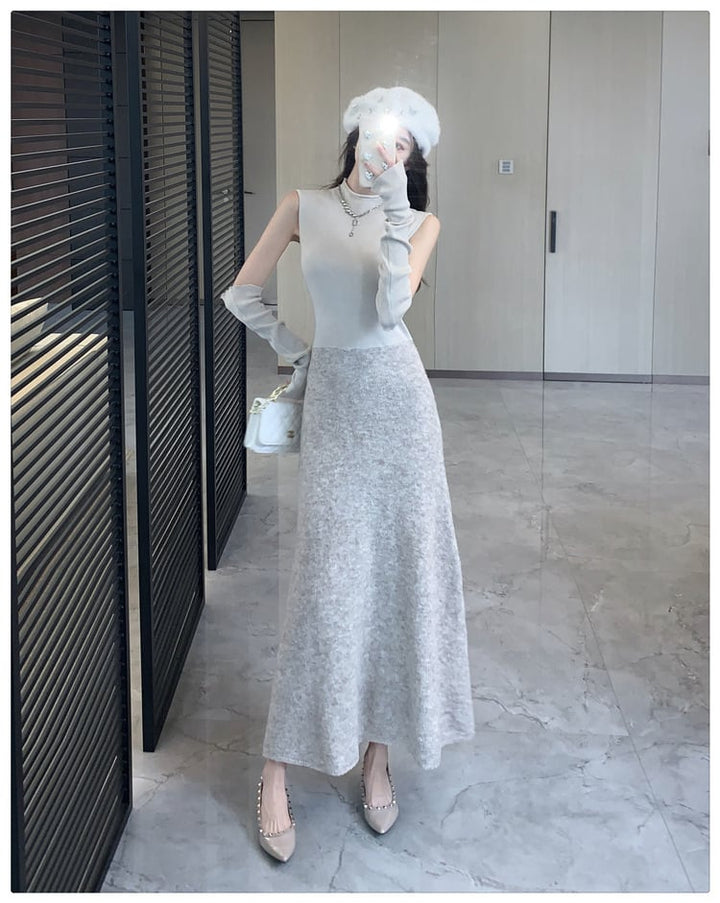 【dress】アームカバー付きドッキングニットワンピース　M28118