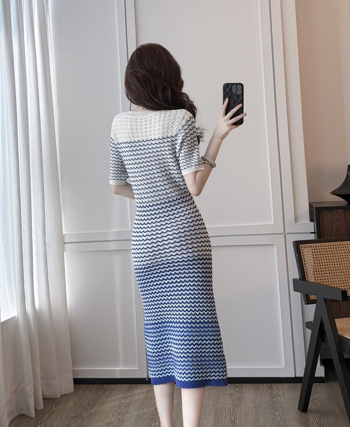 【dress】ウェーブ柄半袖ニットワンピース Q8489