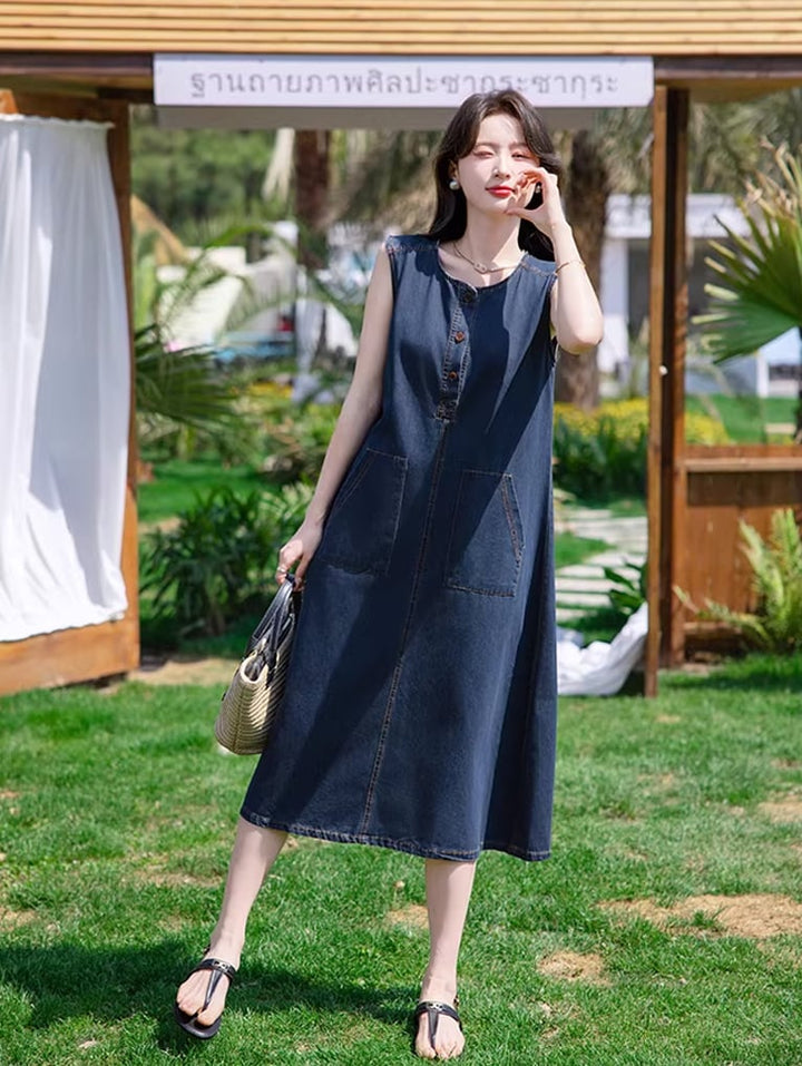 【dress】ポケット付きデニムベストワンピース Q8419