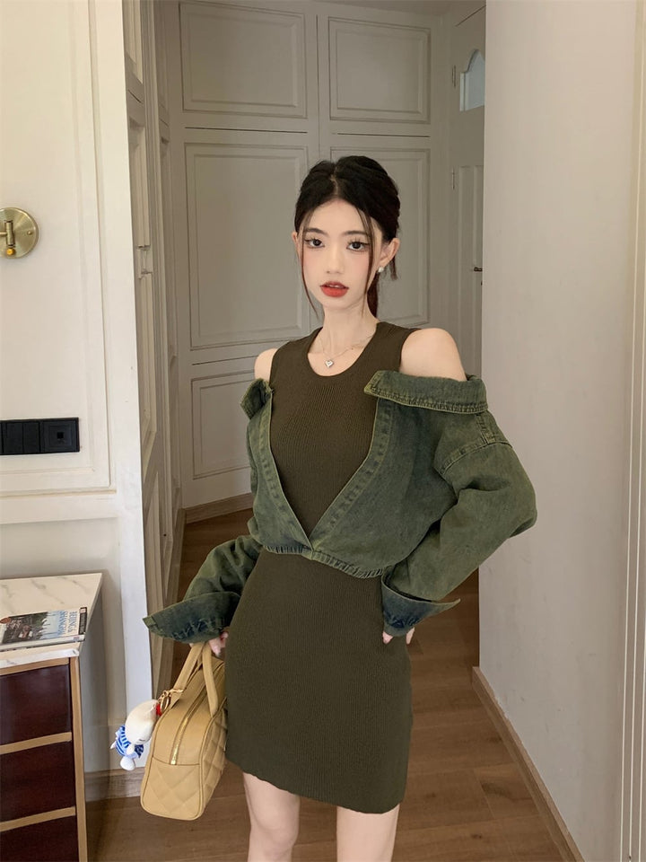 【dress】デニムドッキングニットワンピース　M17979