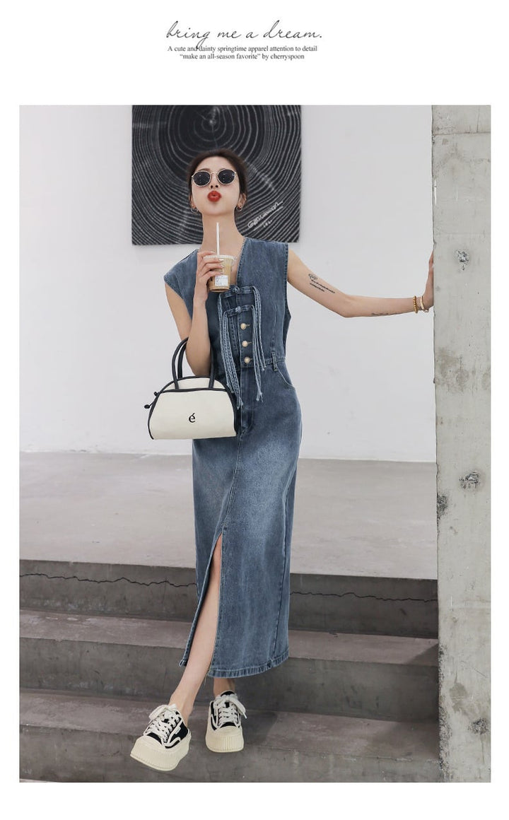 【dress】絶対流行ファッションノースリーブデニムワンピース　M16834