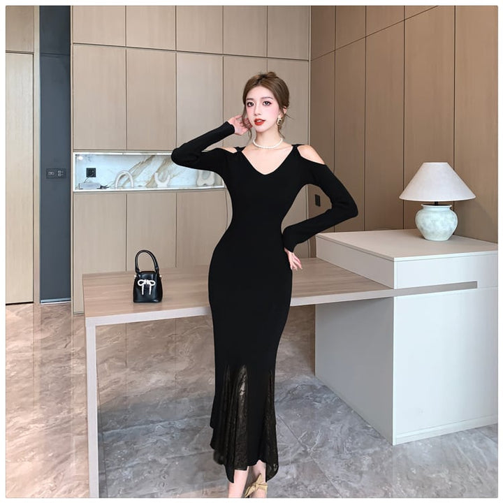 【dress】レースドッキングニットワンピース　M26551