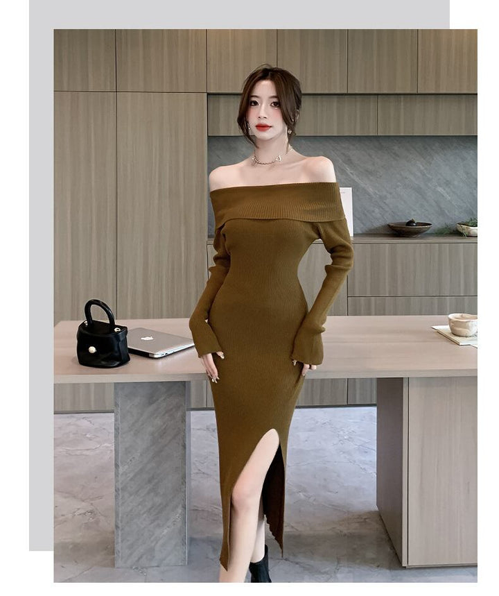 【dress】ボートネックスリットニットワンピース　M18085