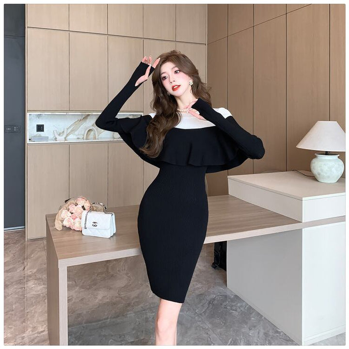 【dress】フリルドッキングニットワンピース　M18575