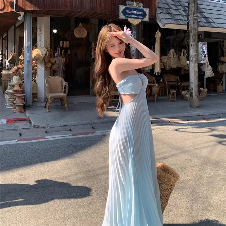 【dress】ホルターネックバックオーポンロングプリーツワンピース Q8371