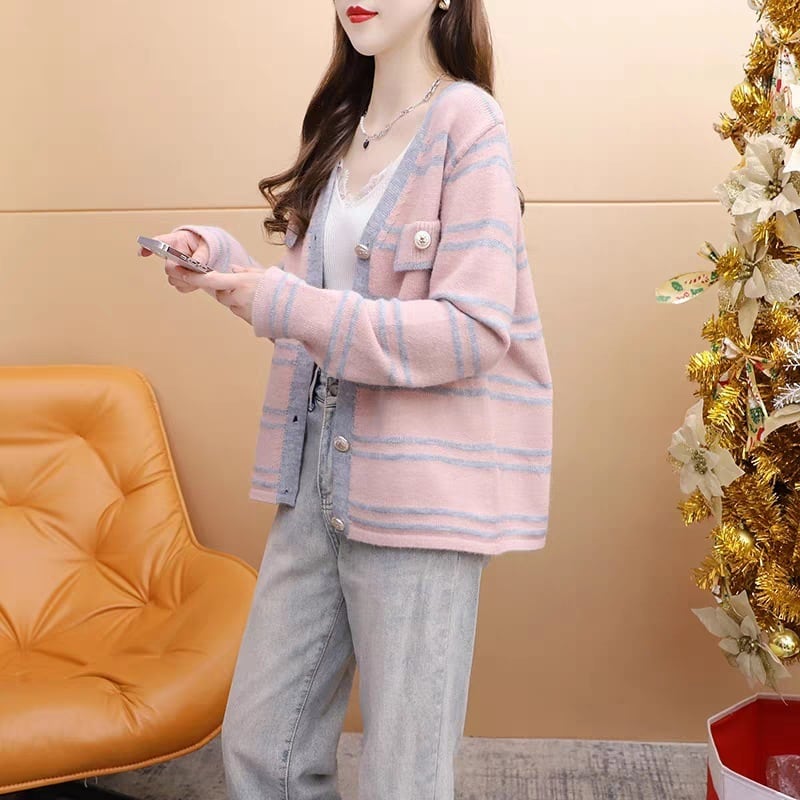 【dress】韓国系超人気ボーダー柄Vネックカーディガン　 M17553
