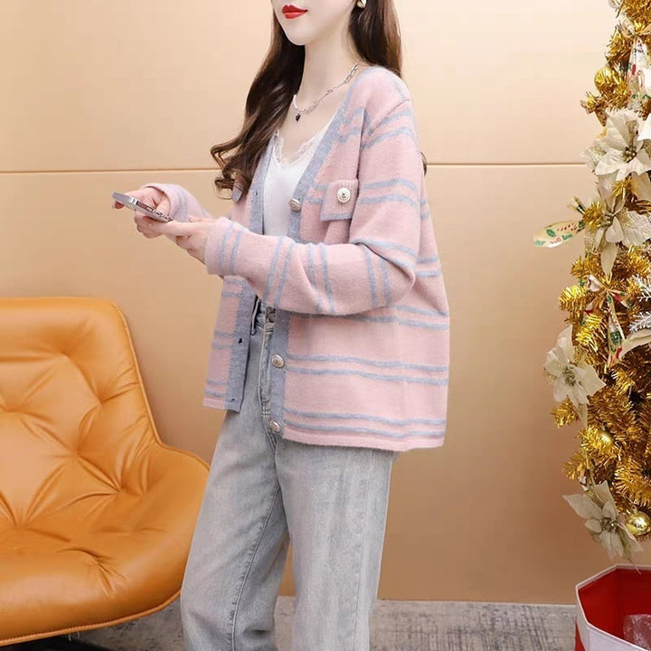 【dress】韓国系超人気ボーダー柄Vネックカーディガン　 M17553