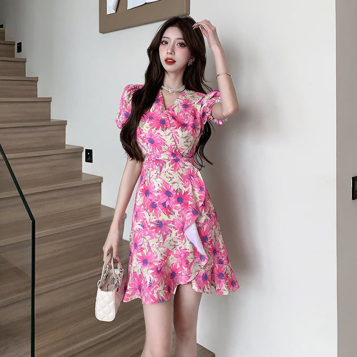 【dress】美人度アップ不規則 イレギュラー花柄ワンピース　M16782
