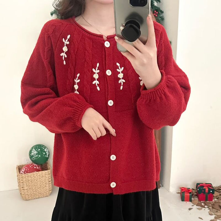 【outer】フラワー刺繡柄ニットカーディガン Q7739