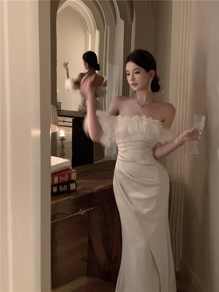 【dress】ファー付きオフショルダーワンピース Q7632